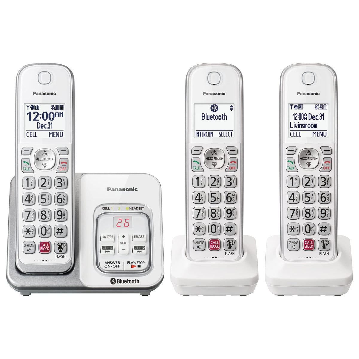 Panasonic Cordless Phone with Answering Machine, Link2Cell Bluetooth Home Phones, Voice Assistant and Advanced Call Blocking, Expandable System with 3 Handsets - KX-TGD863W (White)