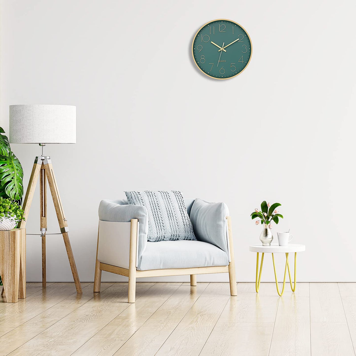 Foxtop Modern Wall Clock 12 Inch Silent Non Ticking Battery Operated Round Quartz Gold Wall Clock for Living Room Bedroom Kitchen Office Classroom Decor (Dark Green Dial)