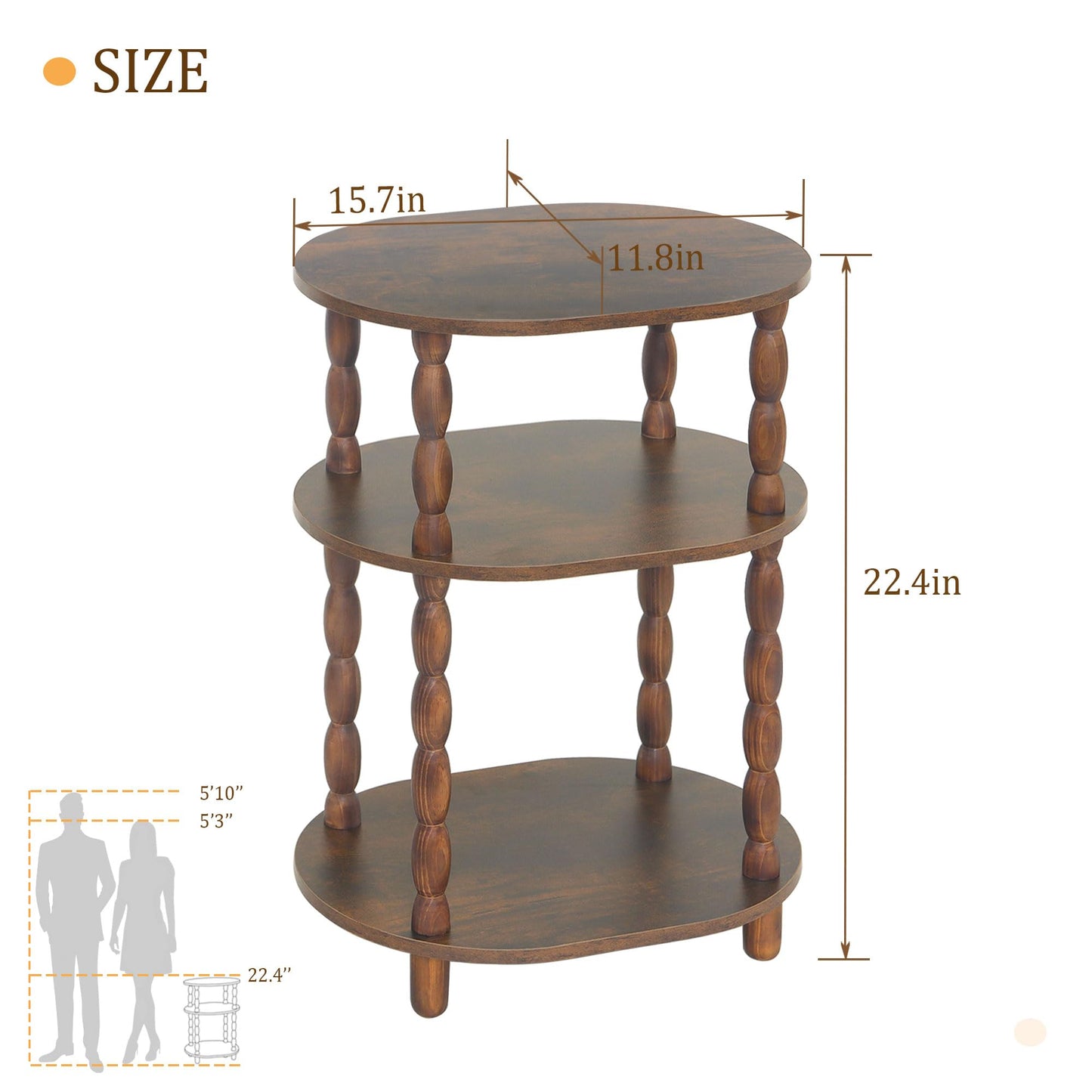 MaxSmeo Side Table, 3-Tier Small End Table, Modern Oval Night Stand Accent Table for Living Room, Bedroom, Rustic Brown