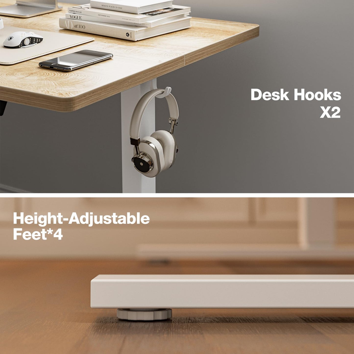 Grandder 55x32 Large Electric Standing Desk, Height Adjustable Computer Desk with 2 Memory Presets, 31.5" Deep Desktop Sit Stand Desk Home Office Desk Workstation Table with Hooks, Oak