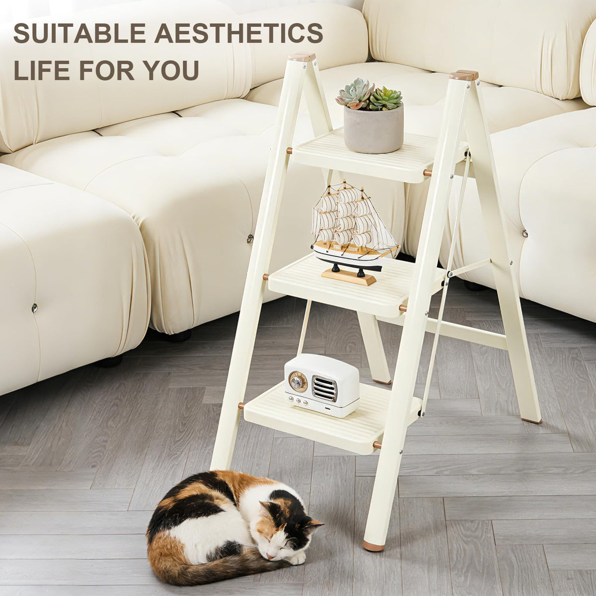 Valeo 3 Step Ladder,Lightweight Folding Step Stool with Wide Anti-Slip Pedal, 330LBS Capacity, Heavy Duty,Sturdy Iron Metal Step Stool for Home, Kitchen, Closet, Adults, Cream White