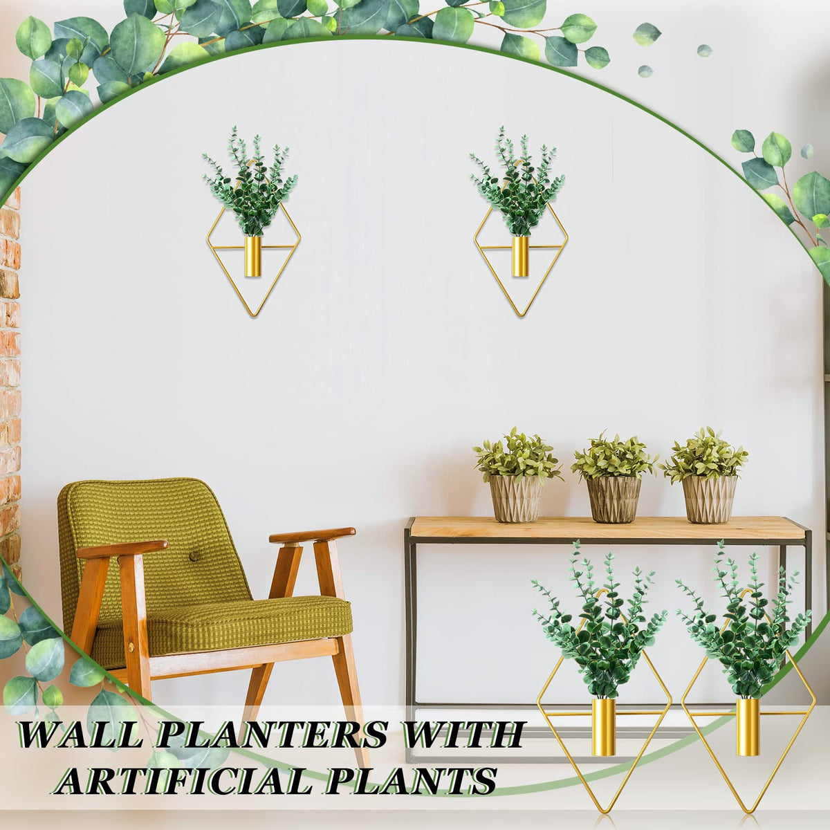 Canlierr 2 Pieces Gold Wall Decor Hanging Planters with Artificial Plants Metal Vase Indoor Plants Holder Modern Geometric Wall Art for Home Bathroom Bedroom Living Room Office(Eucalyptus,Medium)