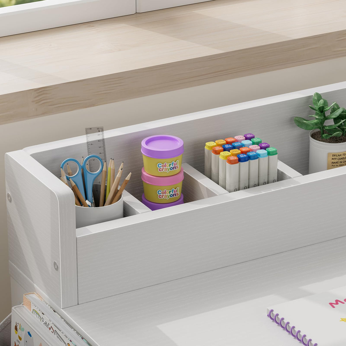 BOLUO White Kids Desk and Chair Set for 5-8 Year Old, Small Child Desk with Fabric Drawer, Children Study Table with Storage Toddler Girls Boys