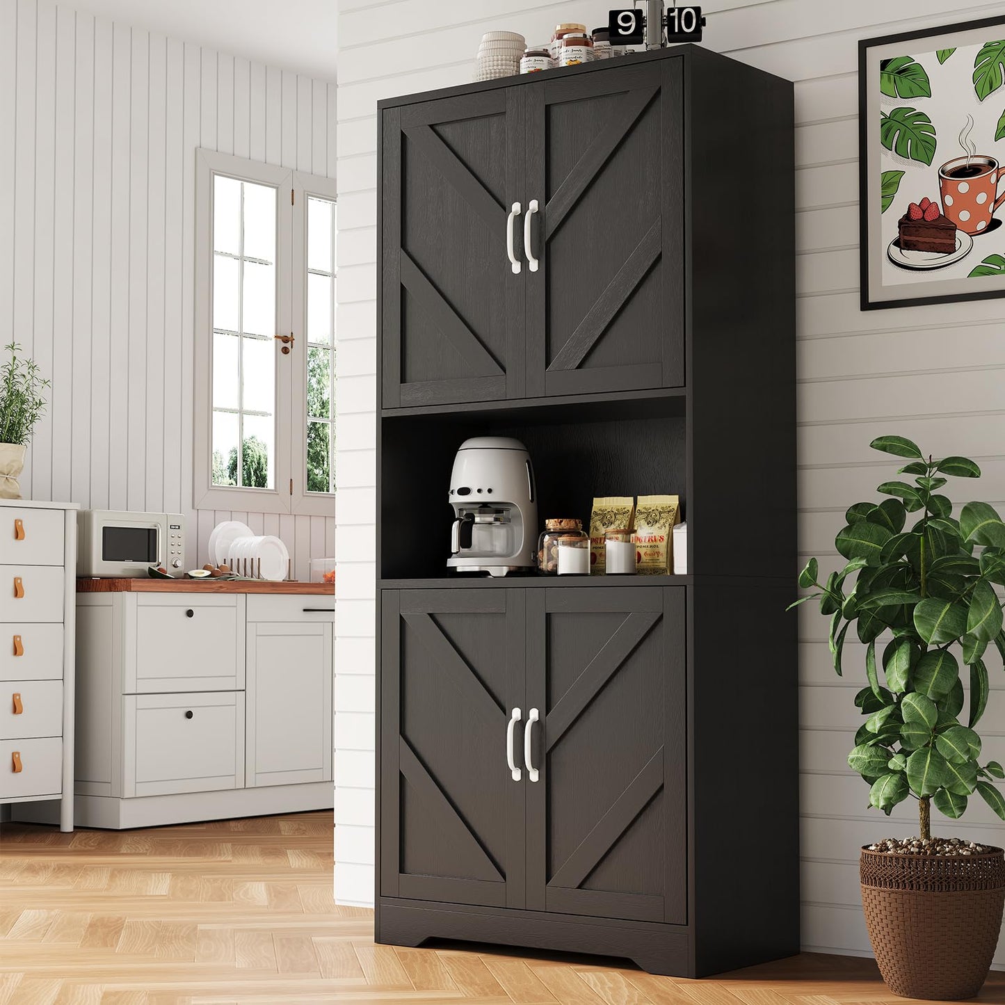 IDEALHOUSE 70" Kitchen Pantry Storage Cabinet, Farmhouse Kitchen Hutch Cabinet with 4 Doors & 2 Adjustable Shelves, Freestanding Cupboard with Microwave Stand for Dining Room,Living Room,Black