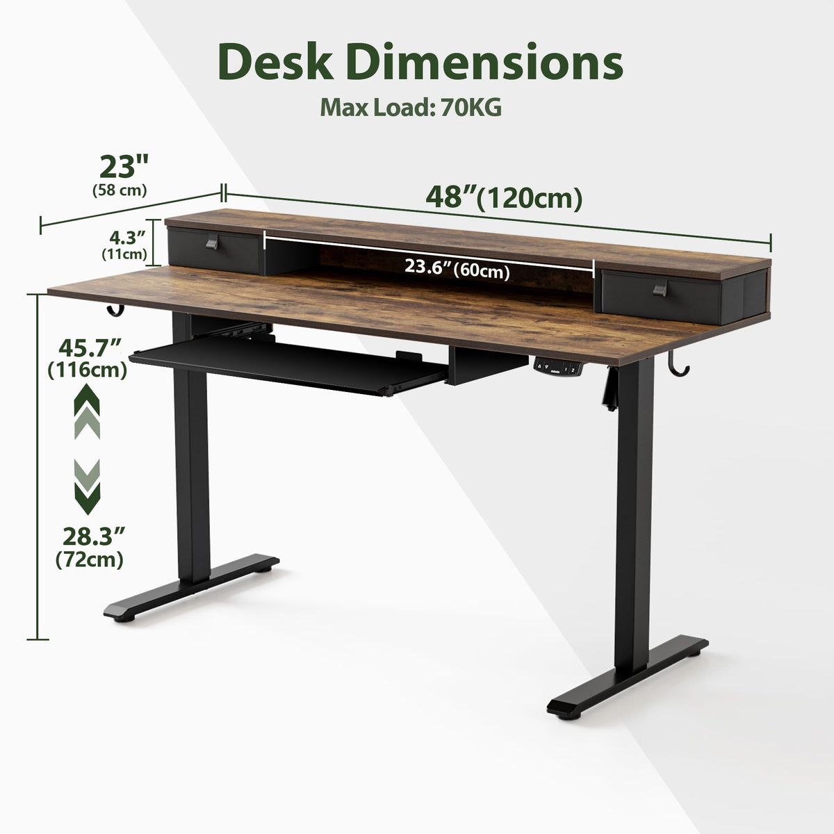 Agilestic Electric Standing Desk with 2 Drawers and Keyboard Tray, 48 x 23 Inches Ergonomic Adjustable Height Desk with Storage, Sit Stand Computer Workstation, Rustic Brown