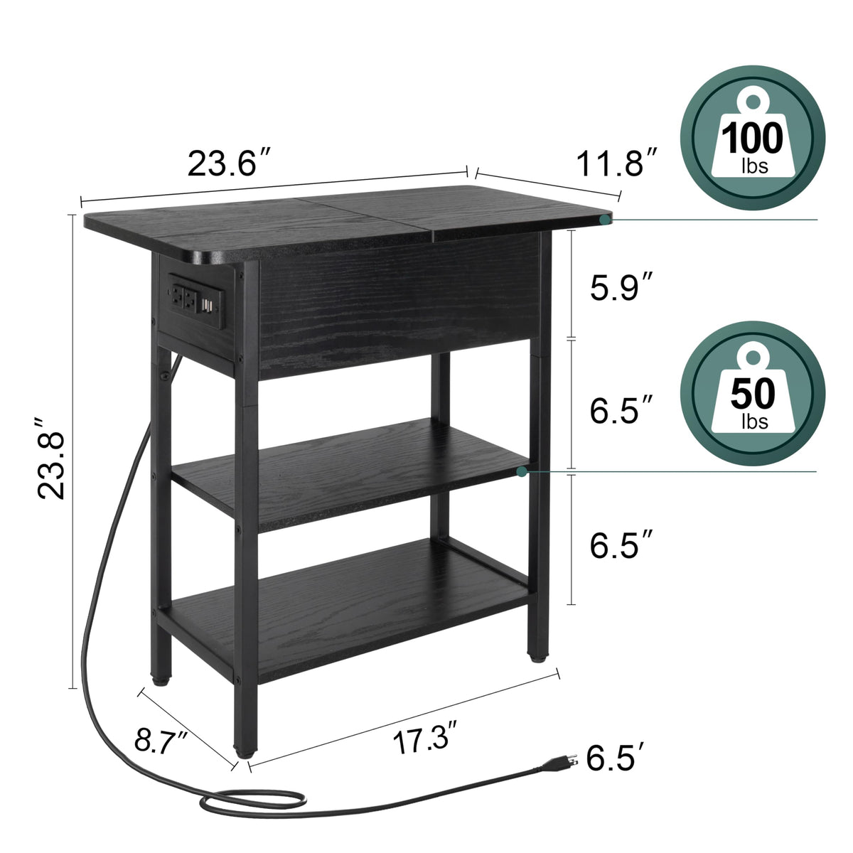Yoobure End Table with Charging Station, Flip Top Side Table with USB Ports and Outlets, Sofa Couch Table Bedside Table for Living Room Bedroom, Narrow Nightstand with Storage Shelves for Small Space