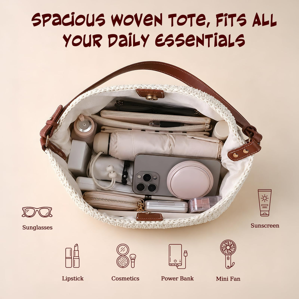 OKoriensuntek Crochet Bag Woven Tote for Women, Cotton Rope Straw Beach Bag with Adjustable Leather Shoulder Strap, Magnetic Snap Summer Bag for Everyday & Travel