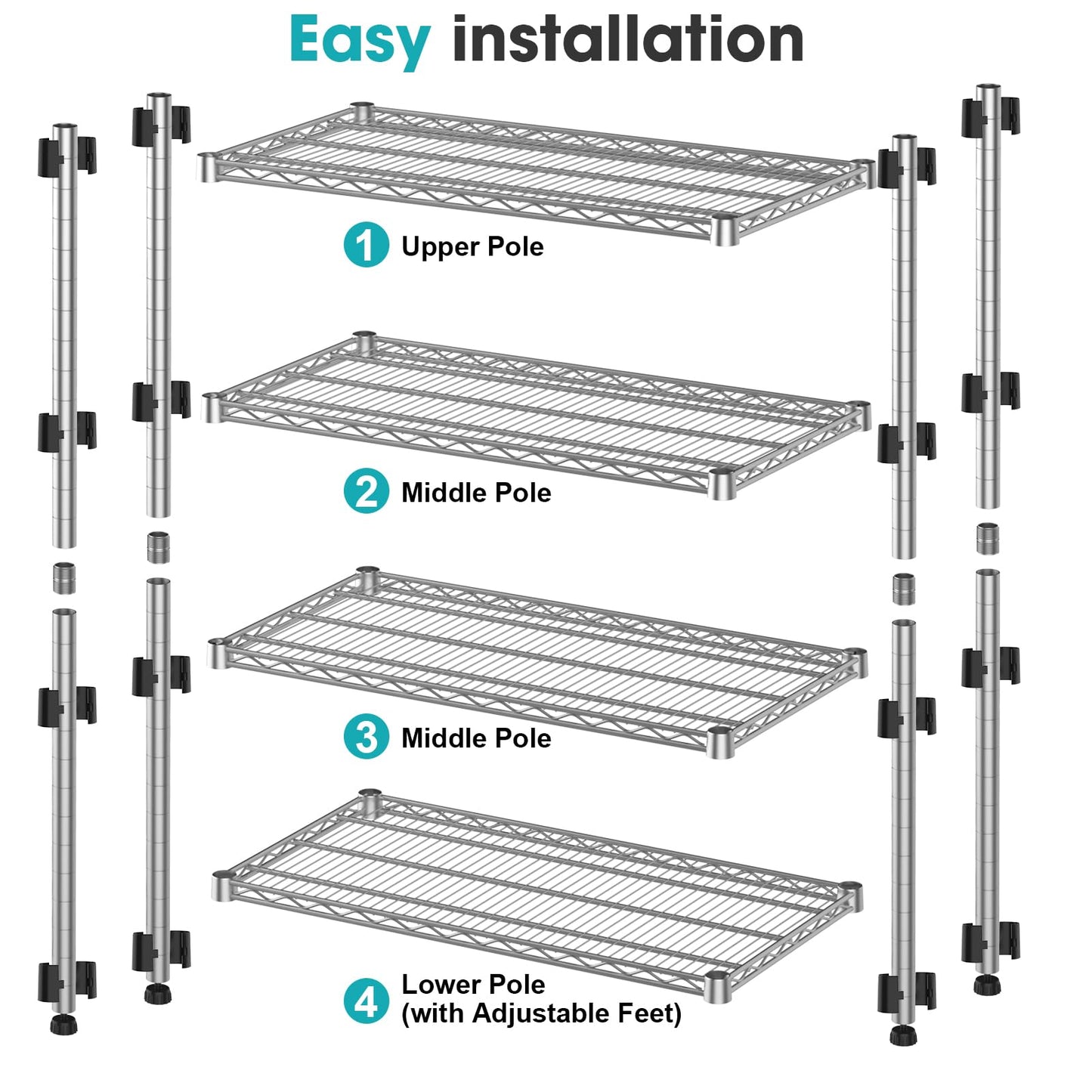 4-shelf Metal Wire Shelving Unit Heavy Duty Storage Shelves Adjustable Steel Shelf Wire Rack 2200LBS Metal Flower Stand Laundry Shelf organization for Garage Pantry Warehouse 13.8"Dx30"Wx59.06"H