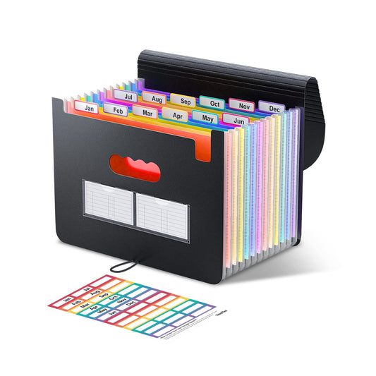 ThinkTex Accordion File Organizer, 12 - Pocket Expanding File Folders for Paper Receipts, Bills & Taxes Organizer, Letter/A4 Size Document Holder for School, Office, Home with Colorful tabs- Black