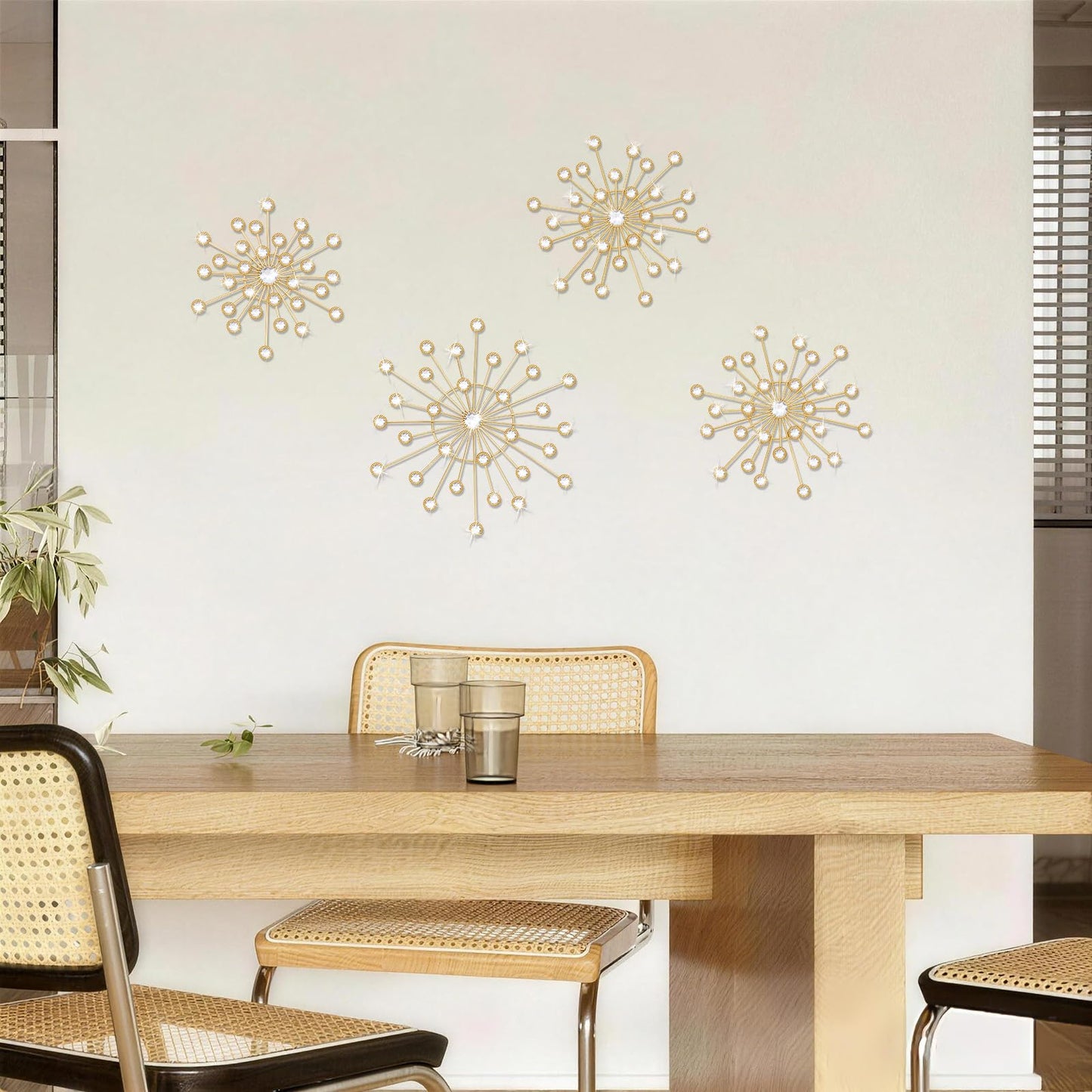 EVERJOYCRAFT 4pcs Sunburst Metal Wall Art Decor Bling Crystal Wall Decorations Starburst Home Decor Modern Accent Sculptures Hanging Pendants for Living Room Bedroom Entryway Office (Gold)