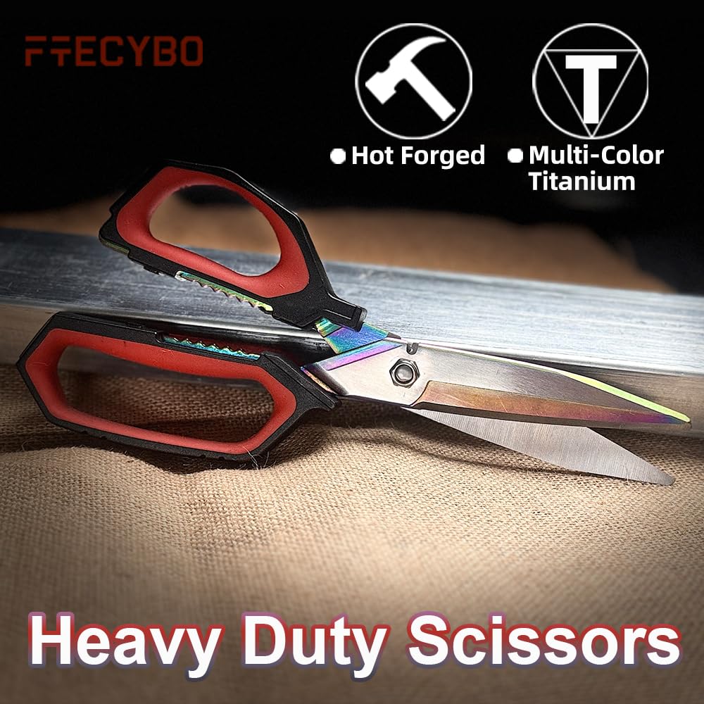 FTECYBO Heavy Duty Scissors 9.5'', Titanium Coating Forged Stainless Steel Blades, Industrial Utility Shears for Garage, Household, Construction, easy Cutting Cardboard, Wire, Leather, Carpet.
