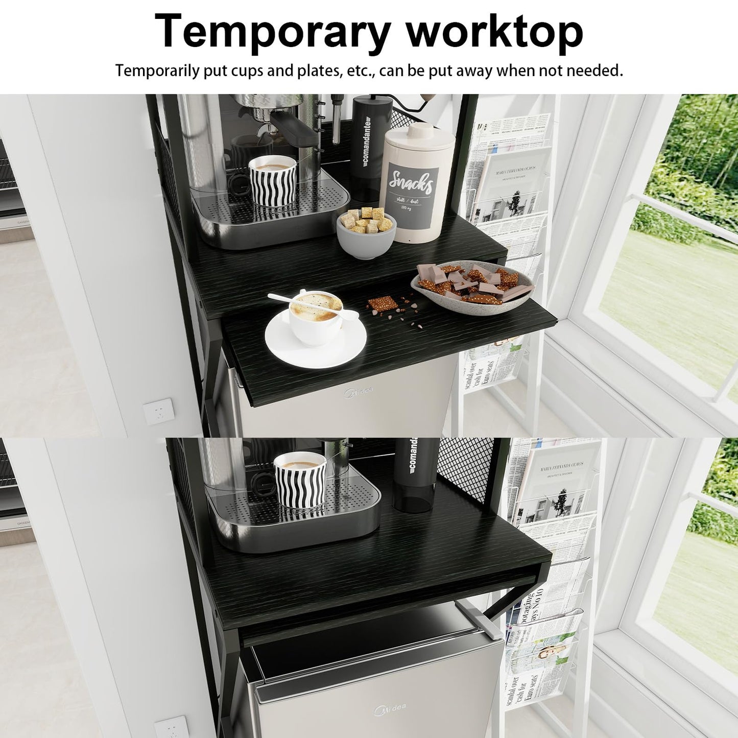 PUNCIA 4-Tier Mini Fridge Stand with Power Outlet & Storage, Coffee Bar Organizer, Refrigerator Cabinet & Microwave Shelf, Bakers Rack for Kitchen, Office, Dorm, Pantry, Apartment (Black)