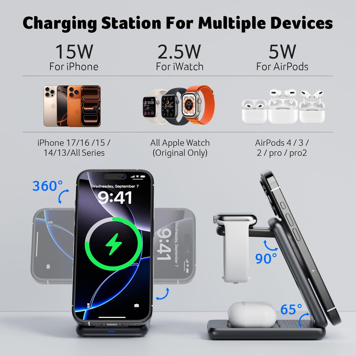 Acer 3 in 1 Charging Station for Apple Device, Magnetic Wireless Foldable Fast Charger Stand Compatible with MagSafe for iPhone, Apple Watch & AirPods, Foldable Charging Dock for Desk S3