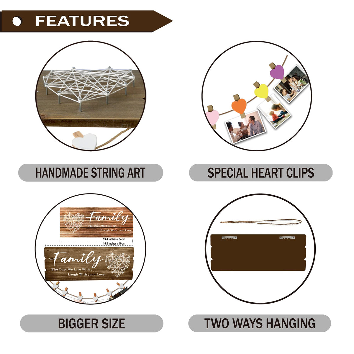 Buecasa Housewarming Gifts New Home Sign Decor- Family Wall Hanging Picture Frame with 6 Heart Clips 15.8x6.0 Inches