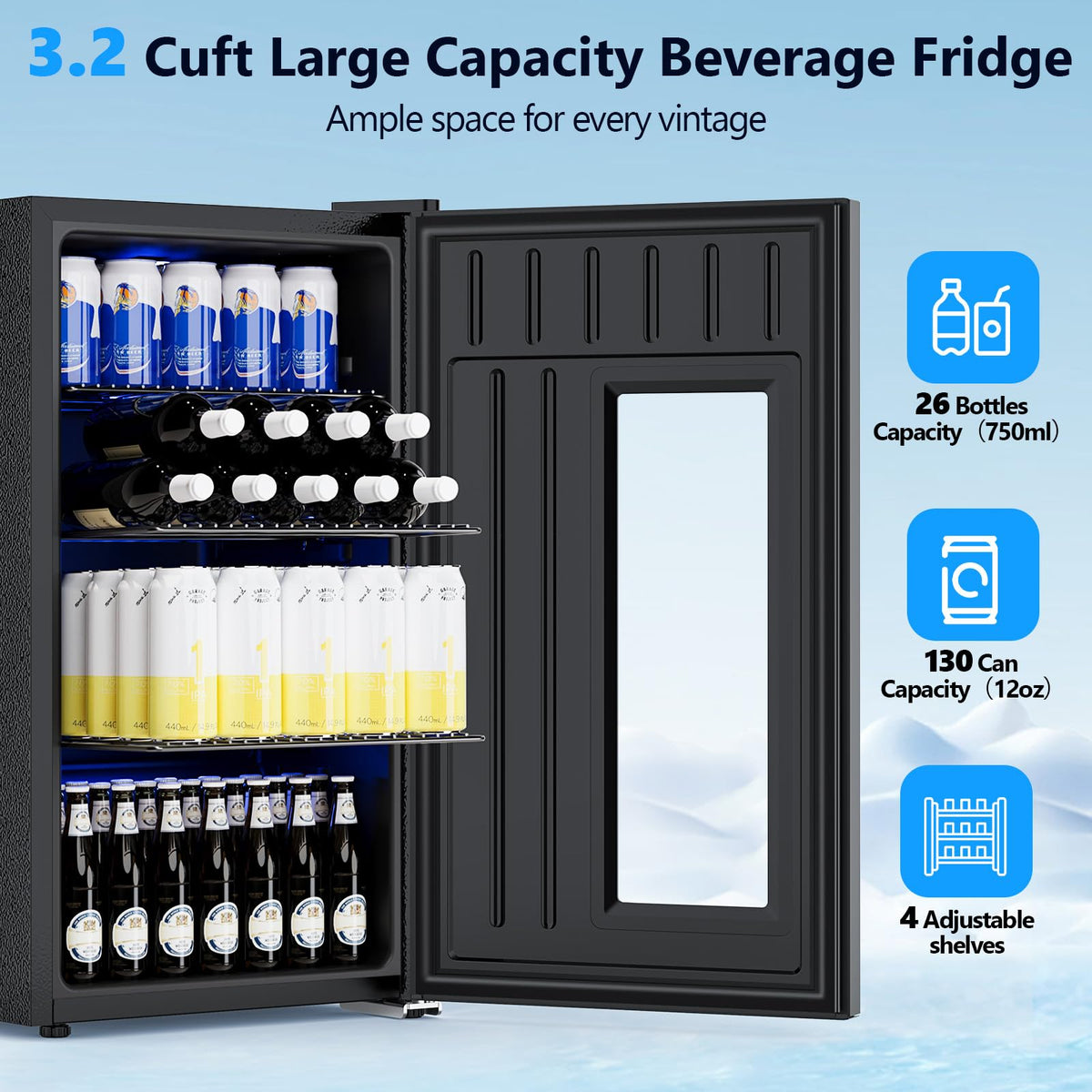 COWSAR 3.2 Cu. Ft. Beverage Refrigerator, 130-Can Beer Cooler with Glass Door, Adjustable Shelves, Digital Temperature Control (20°F–50°F), and LED Lighting for Home, Office & Bar, Black