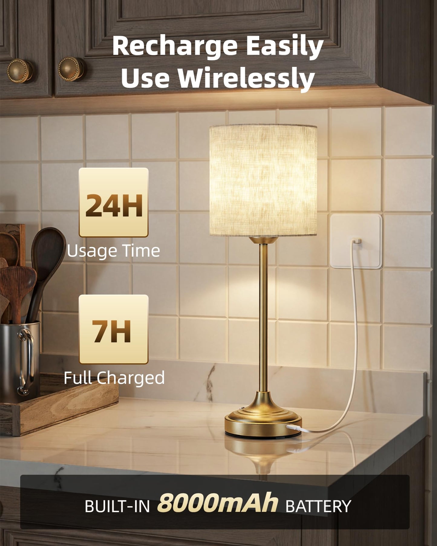 Cordless Table Lamp, 8000mAh, Dimmable, Ambient Light, 2700K, Touch Control, Portable, LED, Wireless, Rechargeable, Battery Operated, Desk Lamp, Kitchen Lamp, Fabric Shade, for Dining Room, Bedroom