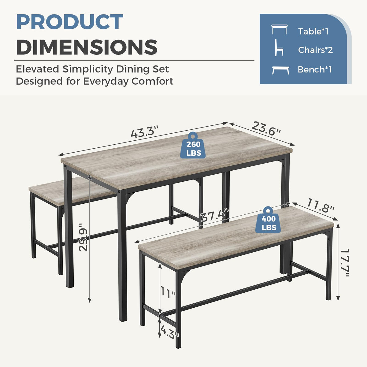 DUMOS Dining Table Set, Dining Table for 4 with Bench,Kitchen Table, Space-Saving Ideal 4-Person Set for Dining Room Kitchen Apartment Corner Grey 3 Pack