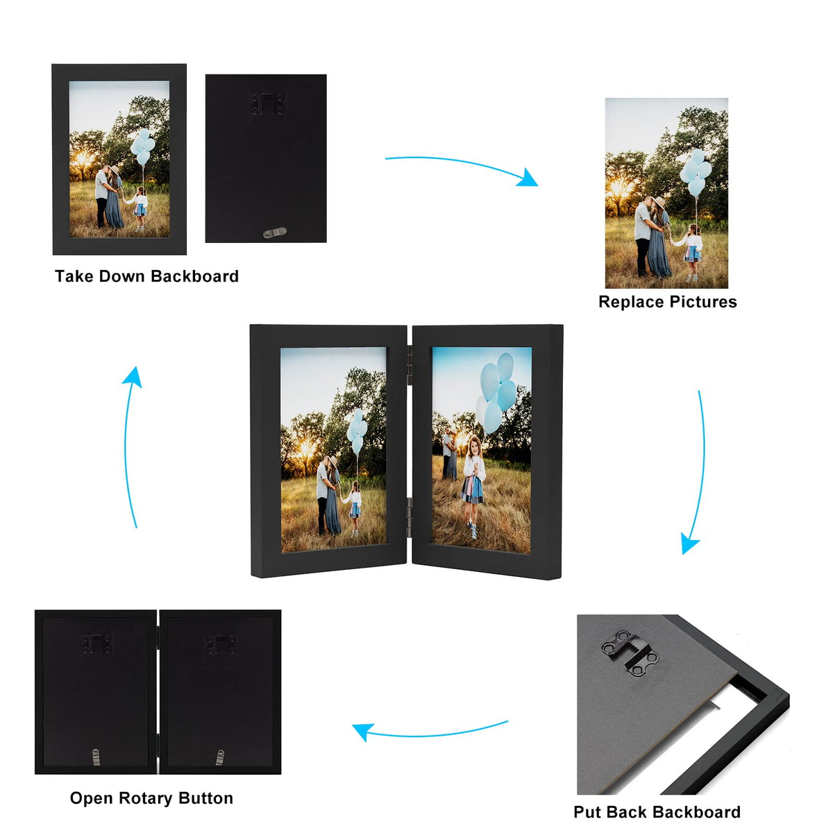 Janreefan 3 Vertical Horizontal 4X6 and 5X7 Picture Frames Hinged Folding Photo Frames in Black for Wall Hanging or Tabletop Standing, Made of Pine Wood with Real Glass P-467546-HEI