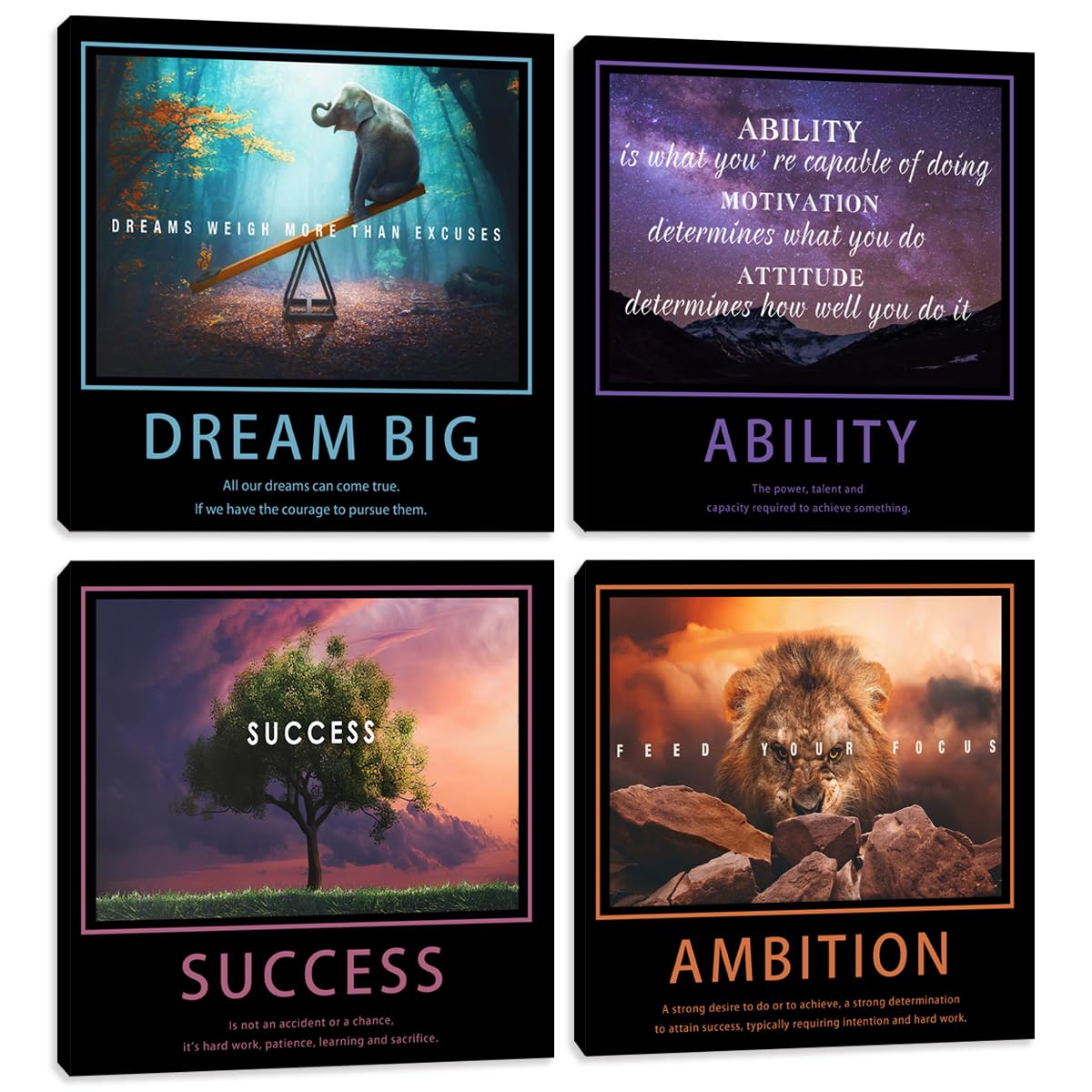 Motivational Wall Decor Art Office Wall Decor Inspirational Wall Art Success Canvas Paintings Quotes Posters Wall Picture 4 Pieces Framed Artwork Living Room Bedroom Home Decoration 20"x20"x4pcs