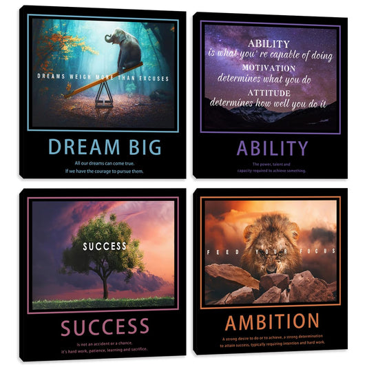 Motivational Wall Decor Art Office Wall Decor Inspirational Wall Art Success Canvas Paintings Quotes Posters Wall Picture 4 Pieces Framed Artwork Living Room Bedroom Home Decoration 20"x20"x4pcs
