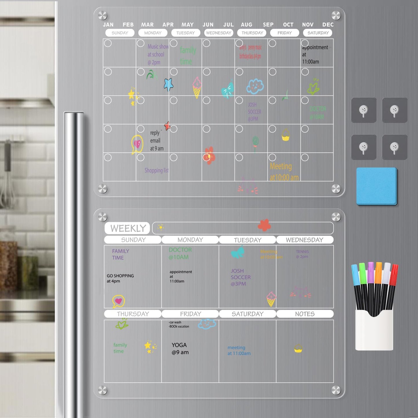 FAZHENWJ Acrylic Magnetic Dry Erase Calendar Board for Fridge, 16"X12" - Erasable Monthly and Weekly Planner with to-Do List, Includes 6 Markers and Eraser