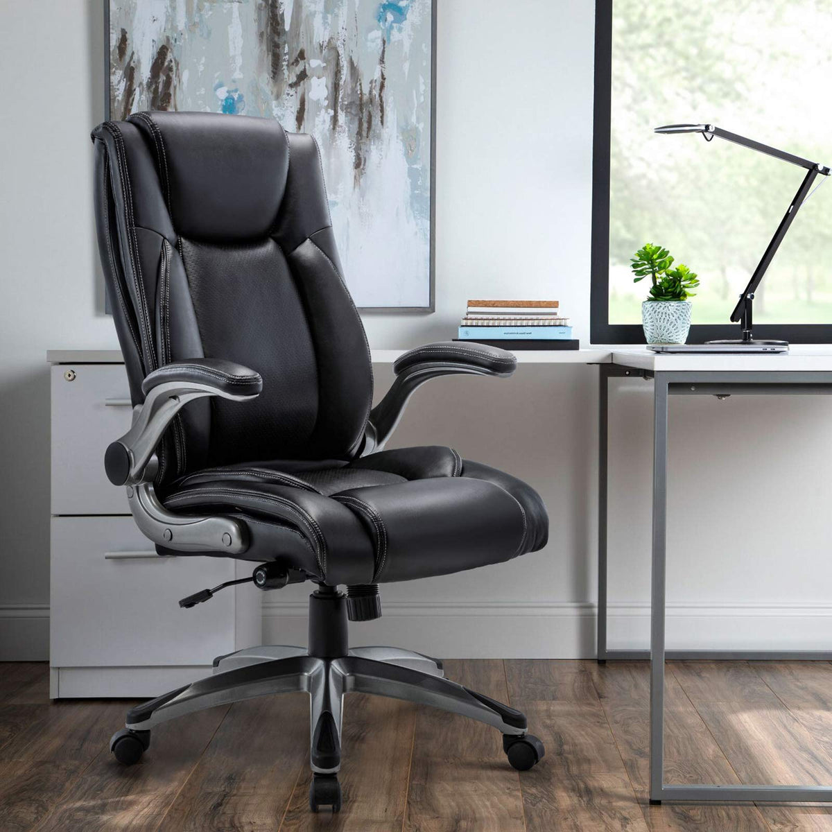 MALOL Executive Office Ergonomic Chair with Thick Bonded Leather, Flip-up Armrests, High Back Adjustable Height and Tilt for Working, Study, Gaming