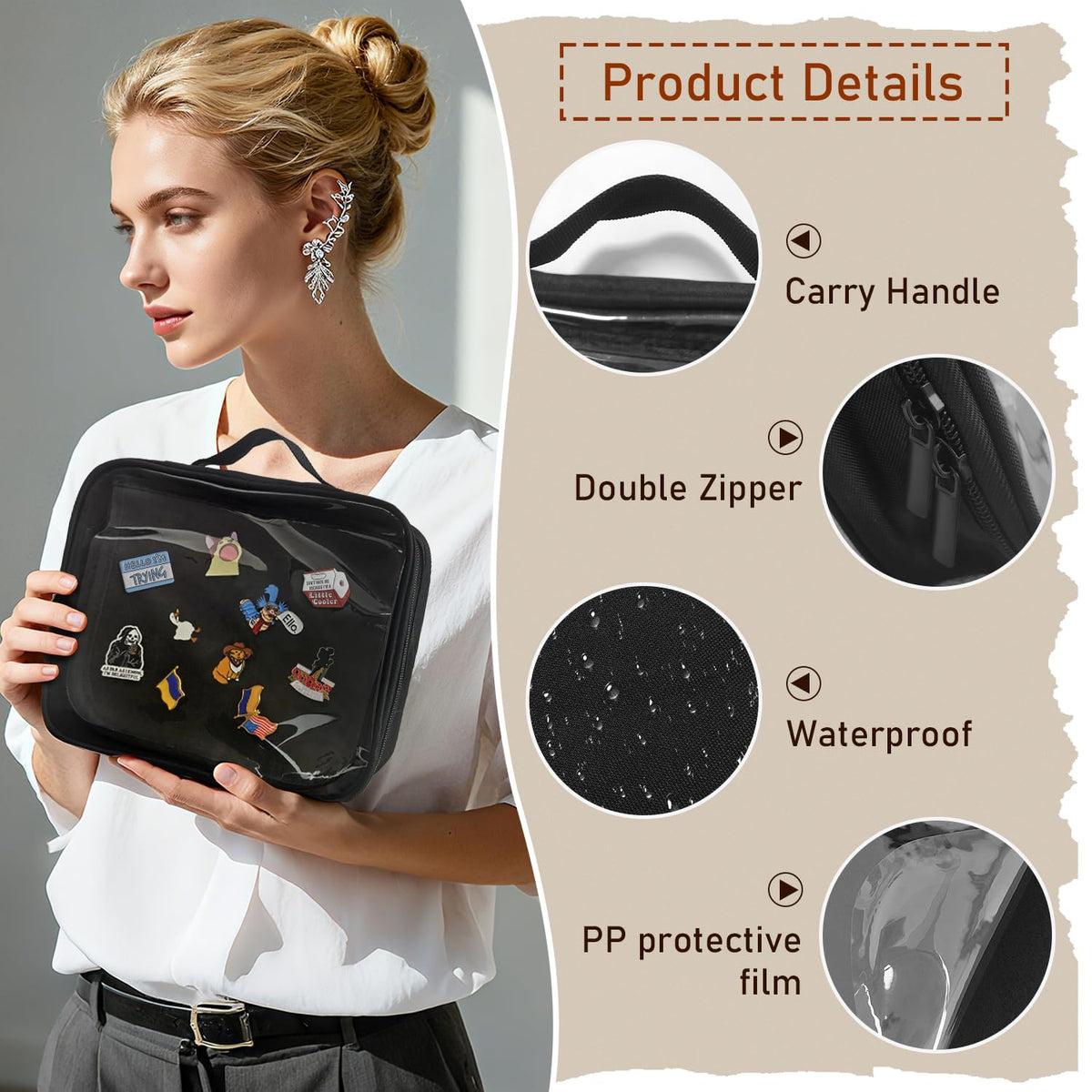 FR Enamel Pin Display Book with 6 Pages, Detachable Binder Case Holds 250+ Pins, Travel Storage Bag with Protective Film for Lapel Pins, Brooches, Badges Collection (Black)
