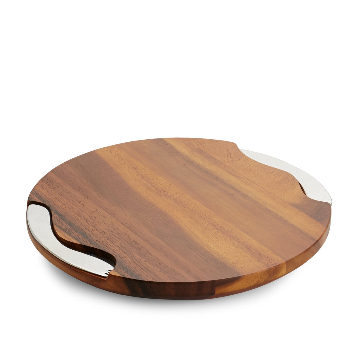 Nambé Cheese Block and Knife Set – Round Acacia Wood Board Featuring Stainless Steel Details, Contemporary Tray with Spreader, Stylish Table Accent for Parties, Gatherings, and Dining