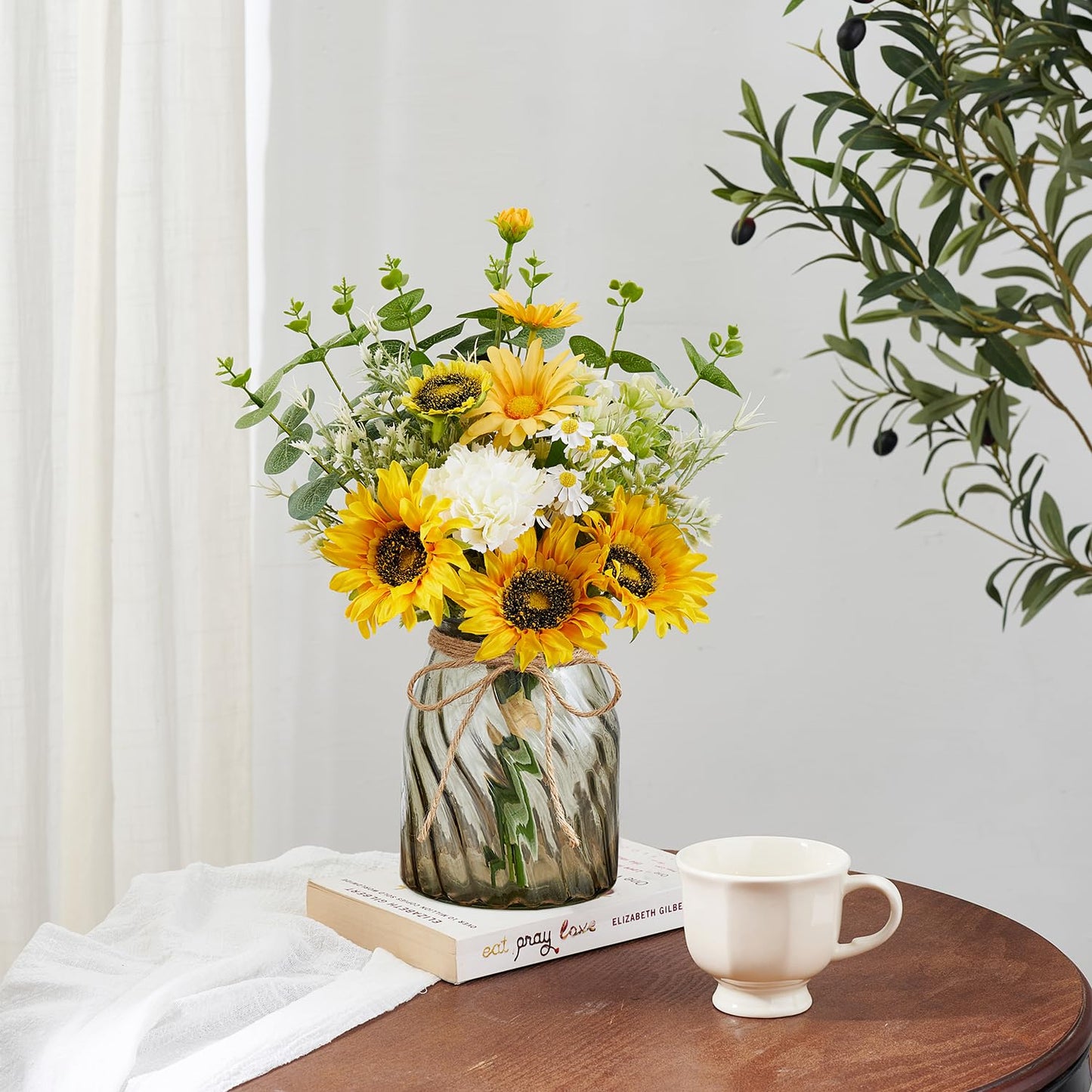 COZZI CODI Fake Flowers Artificial Sunflowers with Vase, Faux Silk Flowers Plants for Home Office Decorations, Kitchen Dining Table Decor, Farmhouse Centerpiece Table Decoration