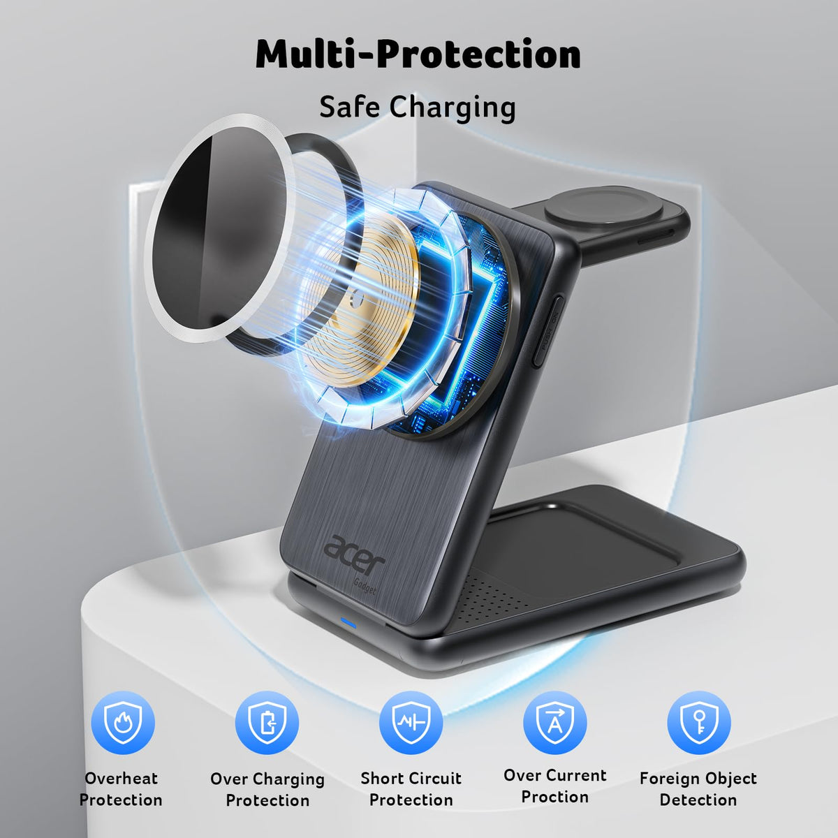 Acer 3 in 1 Charging Station for Apple Device, Magnetic Wireless Foldable Fast Charger Stand Compatible with MagSafe for iPhone, Apple Watch & AirPods, Foldable Charging Dock for Desk S3