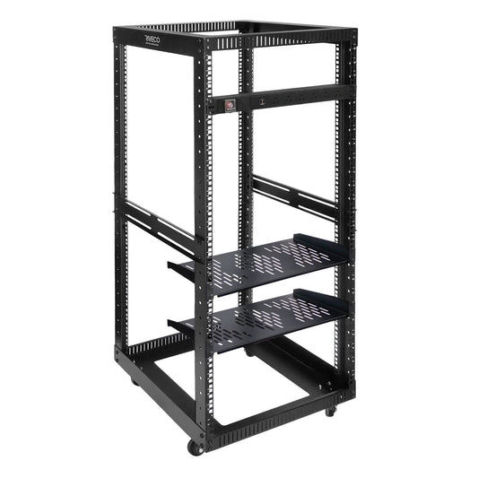 RIVECO 25U Open Frame Server Rack with Wheels + PDU (8 Outlets) Power Strip Surge Protector (2pcs Rack Shelves +1 PDU, 25U)