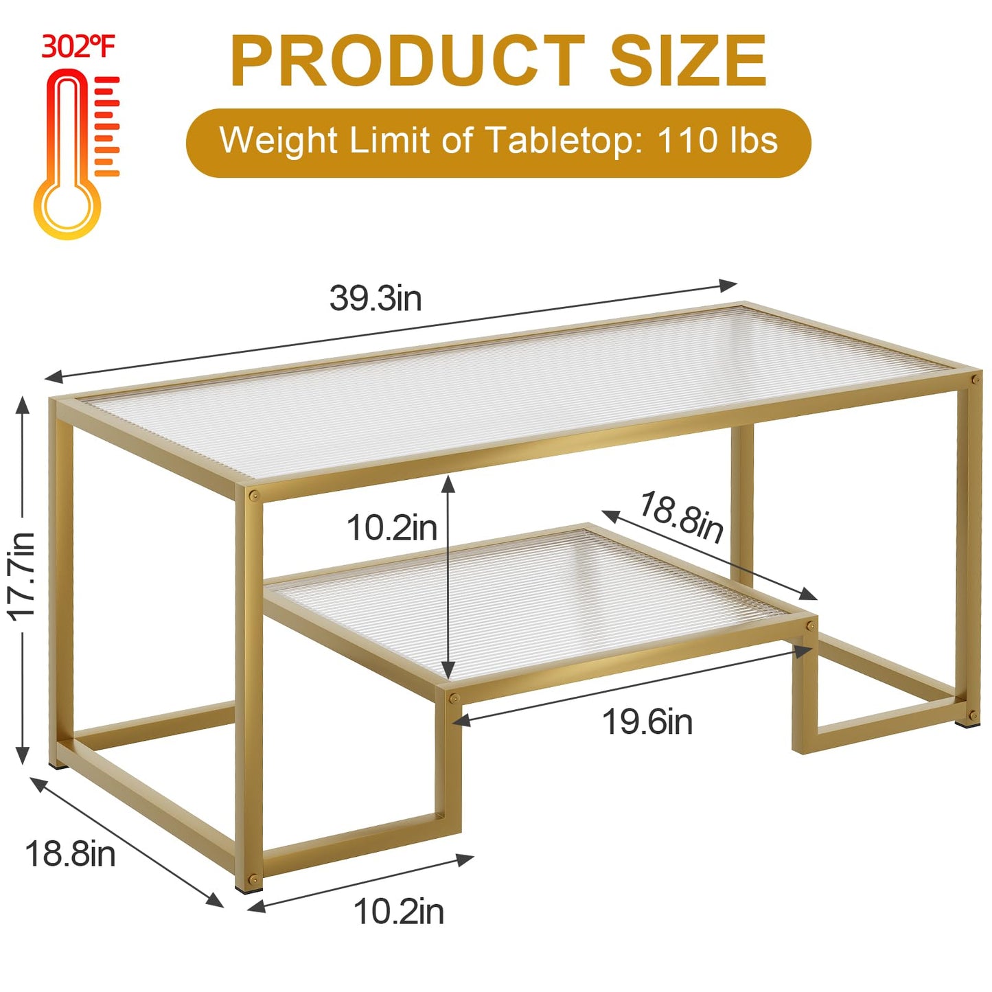 Wolawu Coffee Table Gold Glass Coffee Table for Living Room,2 Tiers Rectangle Center Table with Ribbed Glass Top and Sturdy Metal Frame,Modern Glass Accent Table for Bedroom Home Office