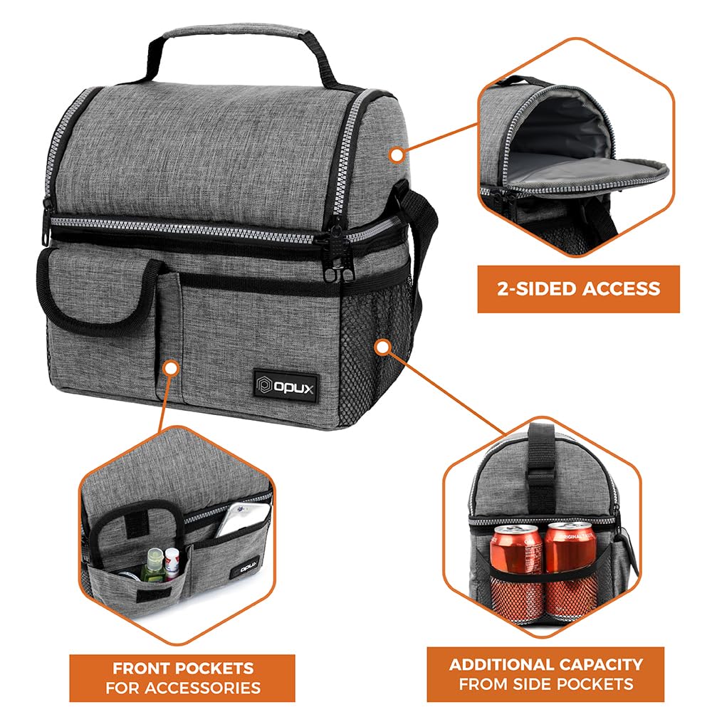 opux Insulated Lunch Bag Women Men, Dual Compartment Leakproof Lunch Box Adults Kids, Double Decker Meal Prep Bento Lunch Cooler Tote with Shoulder Strap for Work Office School Travel, Gray