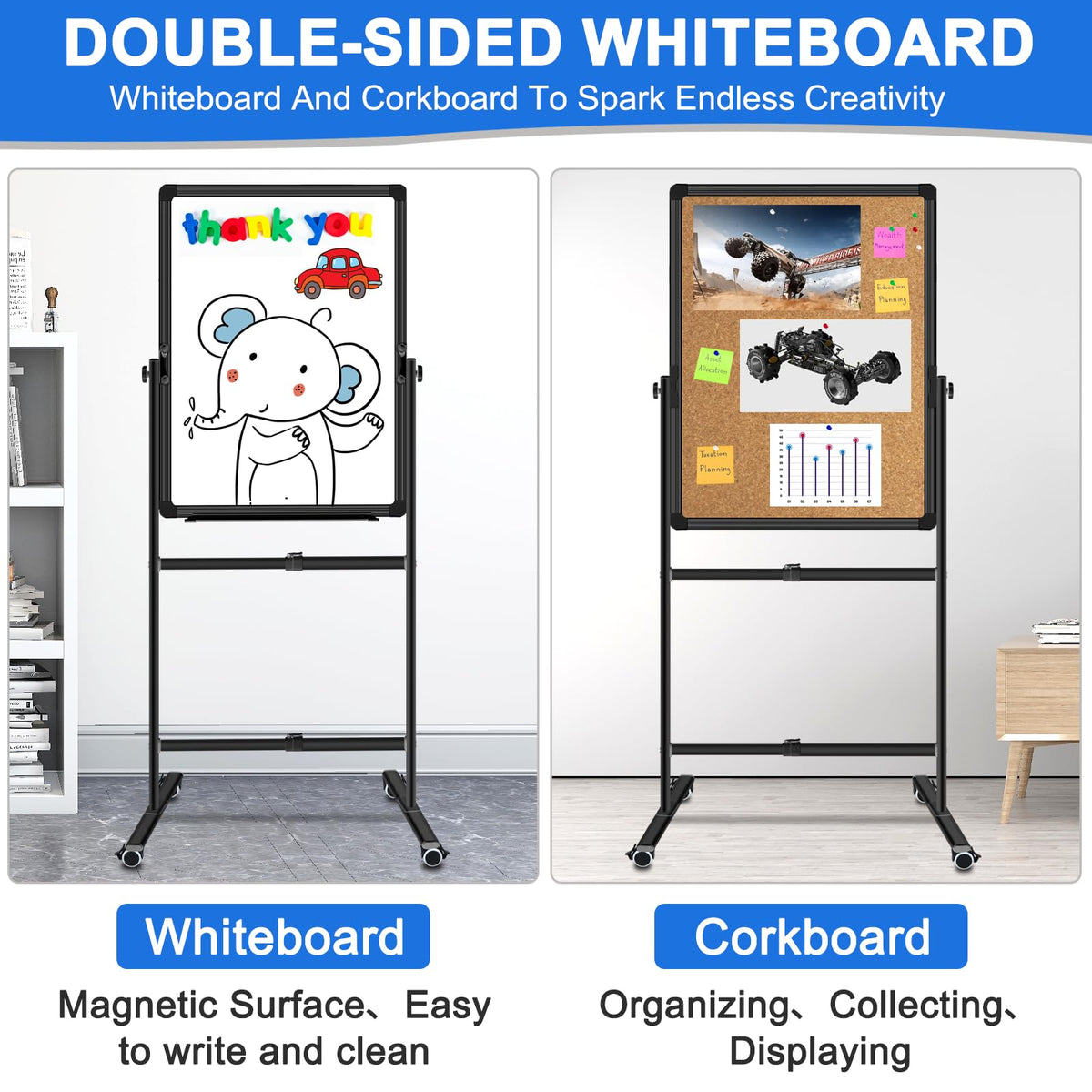 Max-officoo Double Sided Standing Corkboard and Magnetic White Board Dry Erase, 24"x36" Adjustable Height & Angle Mobile Whiteboard with Rolling Wheels