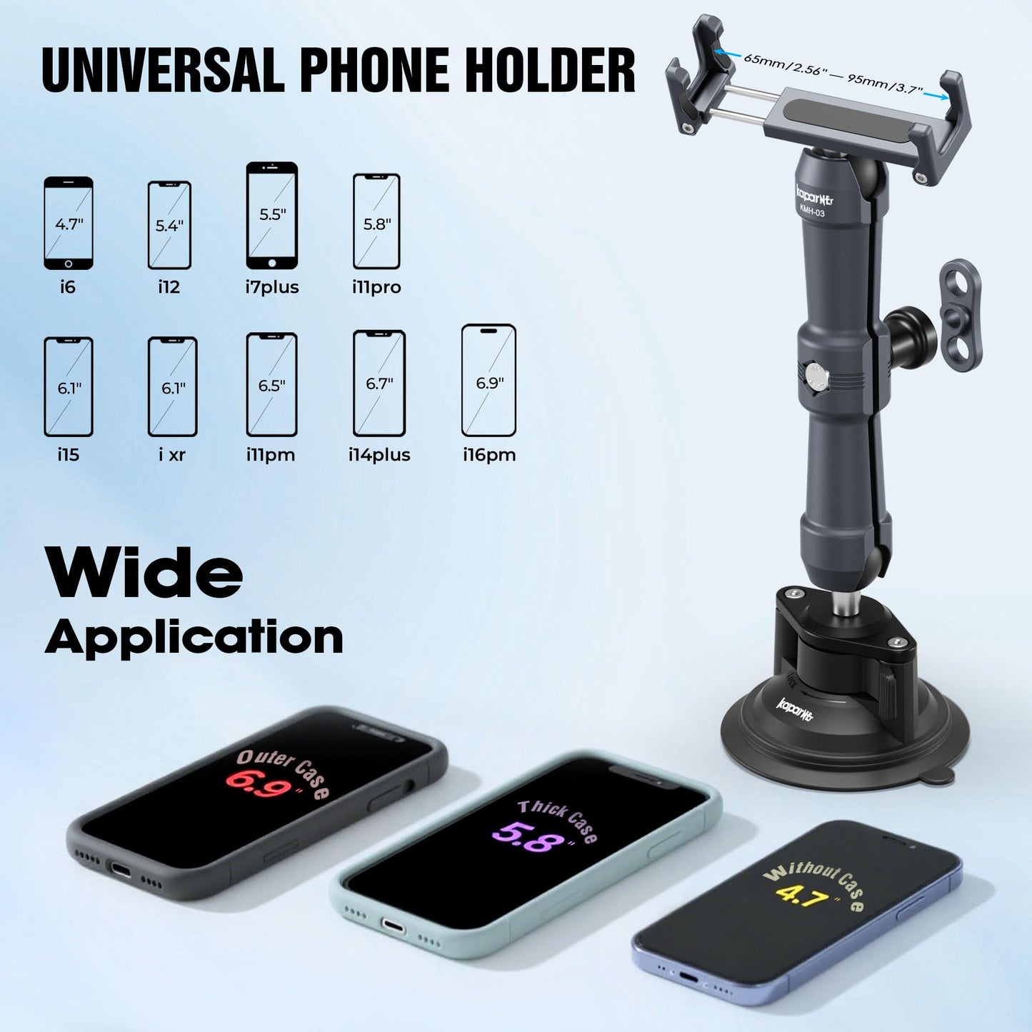KAPARNER Universal Car Phone Mount, with 25mm Ball Magic Arm and 360° Rotation Phone Holder, Suction Cup Windshield & Dashboard Mount, for iPhone/Samsung/Android, Fits Phone Width 2.56-3.74"(KPS-10)