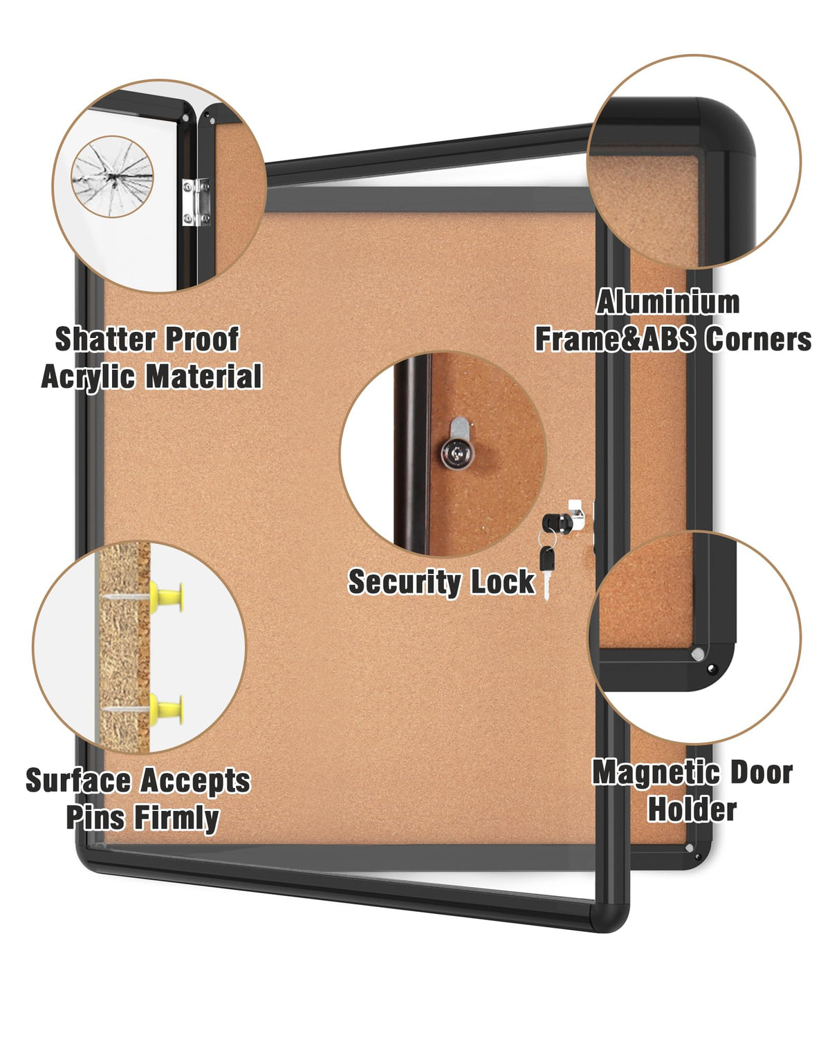 Mifuro 28"x26" Enclosed Bulletin Board, Lockable Weather-Resistant Aluminum Cork Noticeboard for School & Office, Black Frame w/Cork