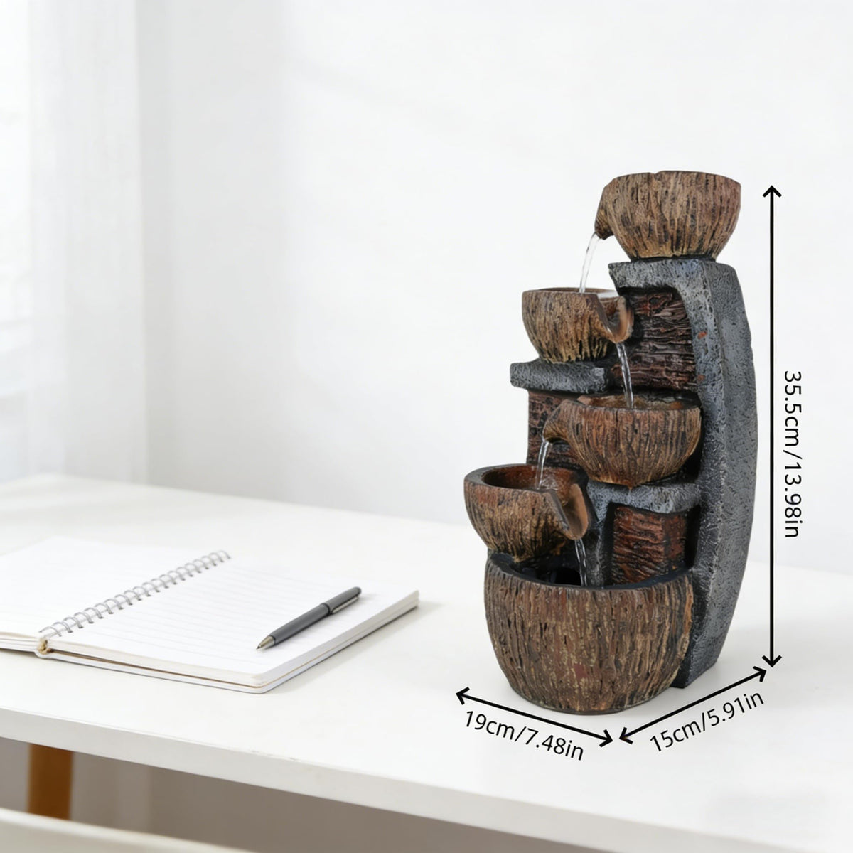 Indoor Desktop Fountain, LED Light Layered Rock Water Waterfall Fountain, Indoor Desktop Decoration, Quiet and Relaxing Indoor Water Feature Decoration (Grey)