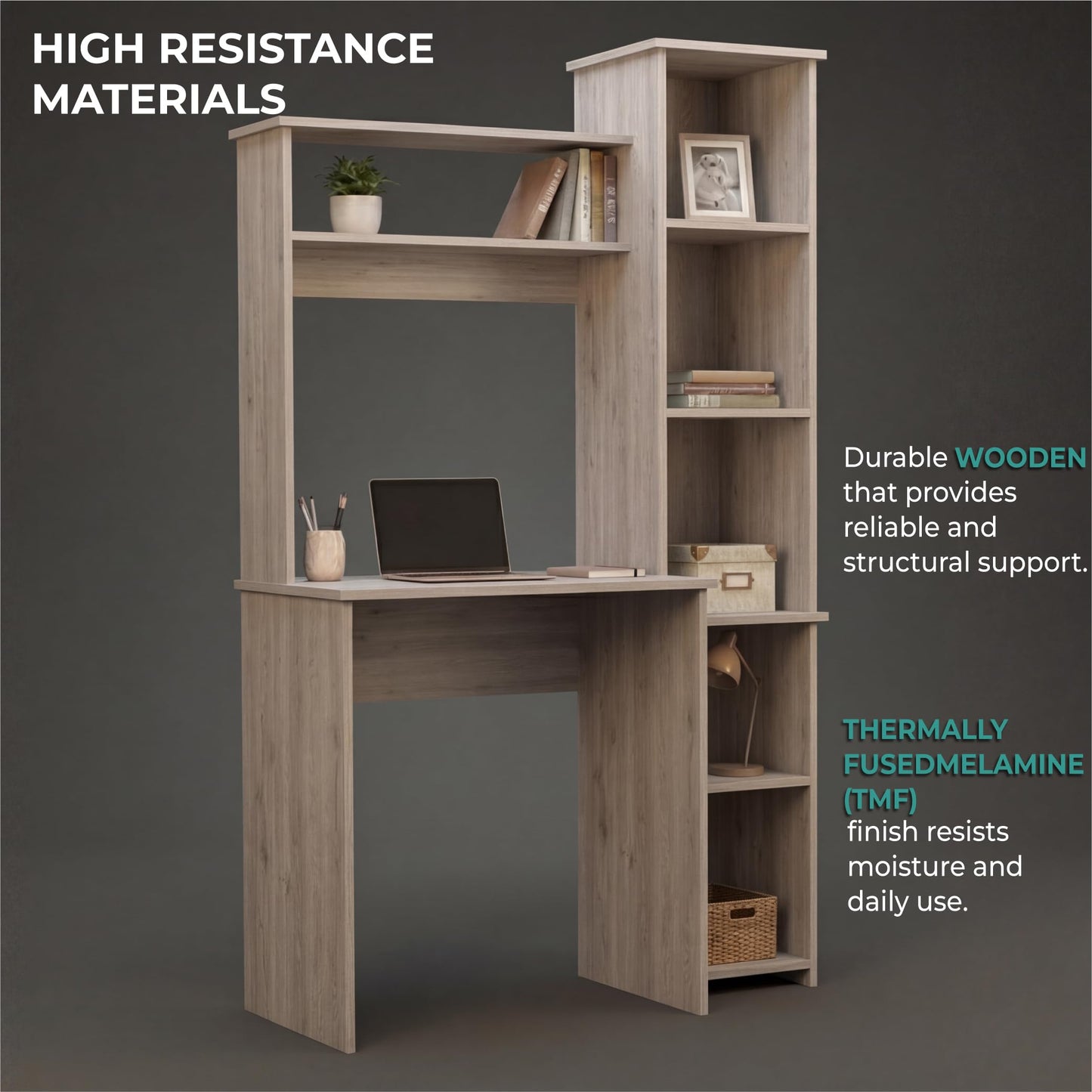 Tuhome Versalles Writing Desk with Two Superior Shelves, Five Side Open Storage Compartments, Space-Saving Modern Workstation Design for Studios and Offices, Ideal for Organization