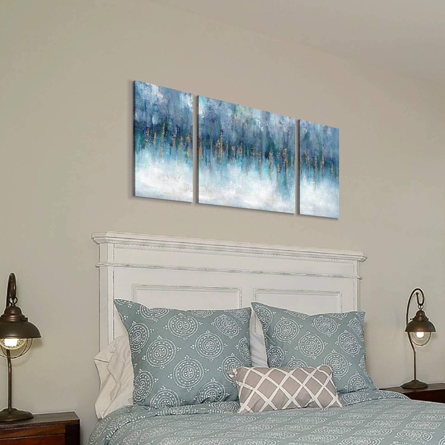 Modern Picture Abstract Canvas Artwork:Blue & White Wall Art on Canvas painting for Office (24'' x 24'' x 1 Panel + 24'' x 12'' x 2 Panels)