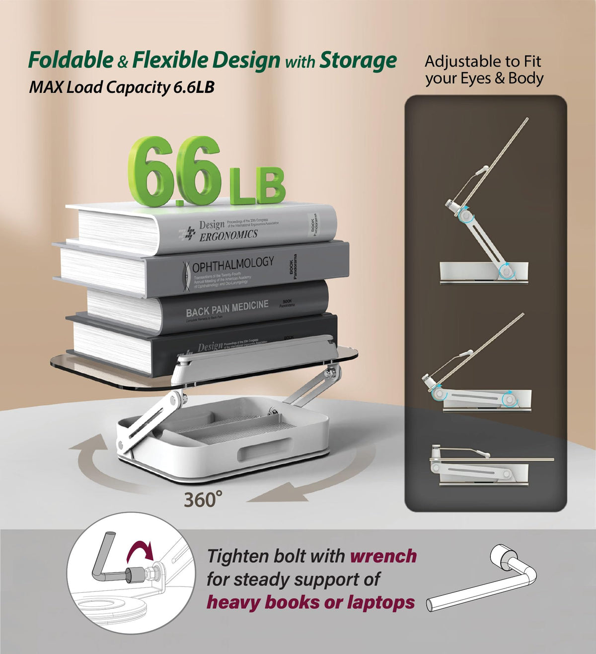 Acrylic Book Stand with Storage, 360° Rotating, Foldable Adjustable Holder with Large Storage Capacity for Reading & Tablets (Clear)