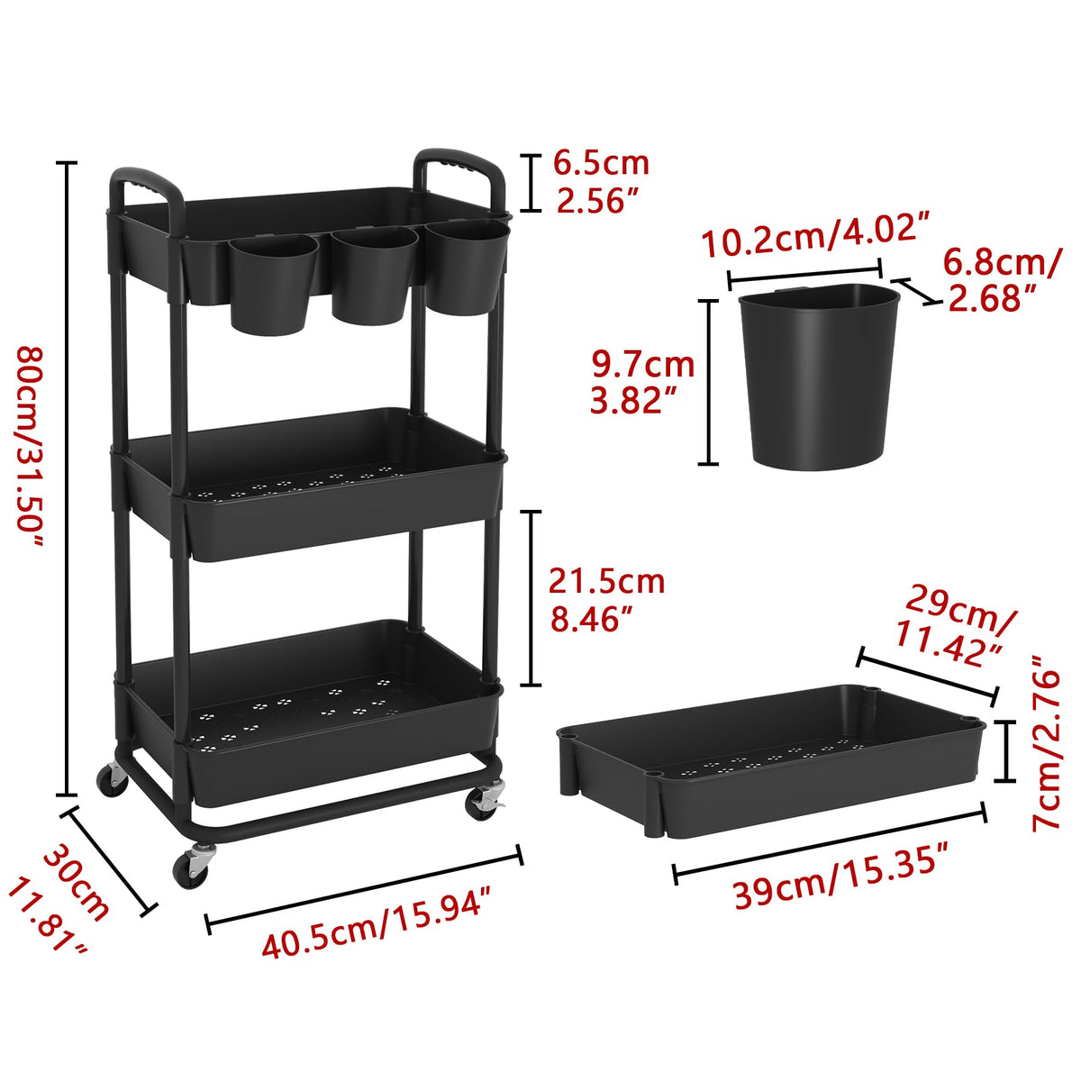 JIUYOTREE 3-Tier Plastic Rolling Storage Cart Utility Cart with Extra Hanging Cups Handles Lockable Wheels for Living Room Bathroom Kitchen Office Black