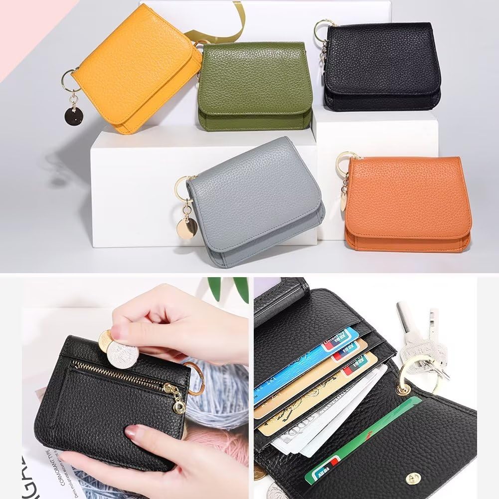 Mudono Small Wallet for Women RFID Blocking Genuine Leather Card Case Slim Tri-Fold Wallet with Zipper Pocket and Keychain