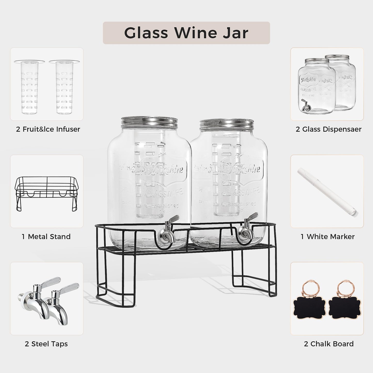 UINEAT 2 Gallon 2 PACK Glass Beverage Drink Dispensers Metal Stand and Lid,100% Leakproof Stainless Steel Spigot, Glass Water Jug Dispenser Lemonade Dispenser