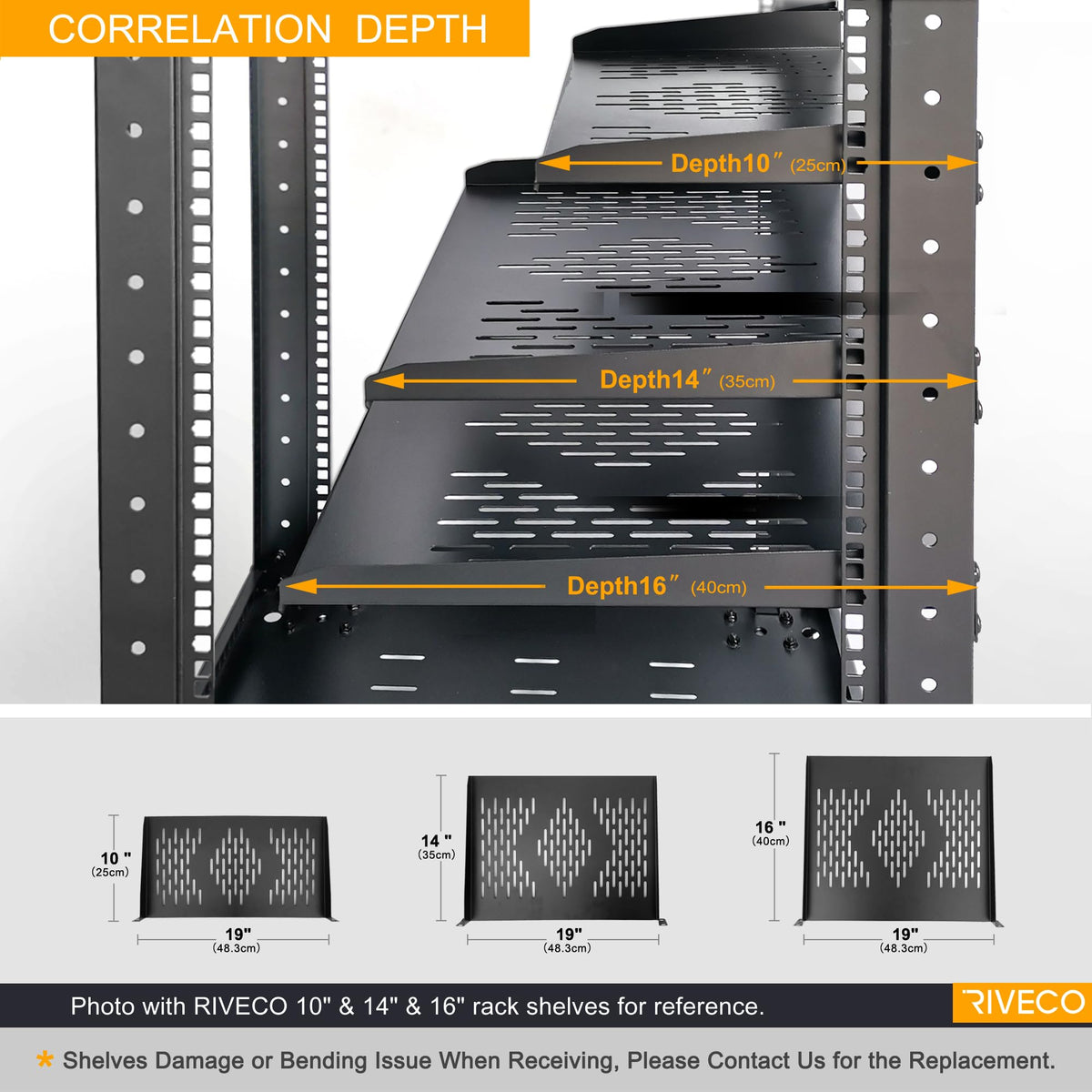 RIVECO 2PCS 1U Rack Shelves, 19” Cabinet Mount 1 U Tray Vented Cantilevers for Computer Case Shelf Mounting, 10 Inches 25CM Depth, Black