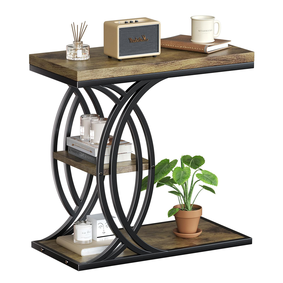 FJLHOHG C Shaped End Table, Bed Side Table, 3-Tier Side Table with Metal Frame, Wood End Table with Storage for Living Room, Couch, Sofa, Bedroom, Easy Assembly, 23.6" D*11.8" W*23.6" H, Rustic Brown