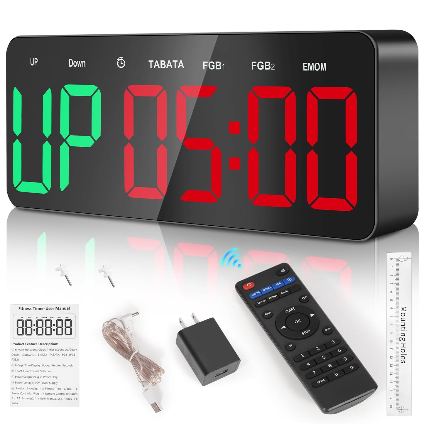 Samshow Gym Timer - Large Digital Gym Interval Workout for Fitness Enthusiast | 6 Display Modes Gym Timer Clock for Home Gym Garage Living Room Classroom Office