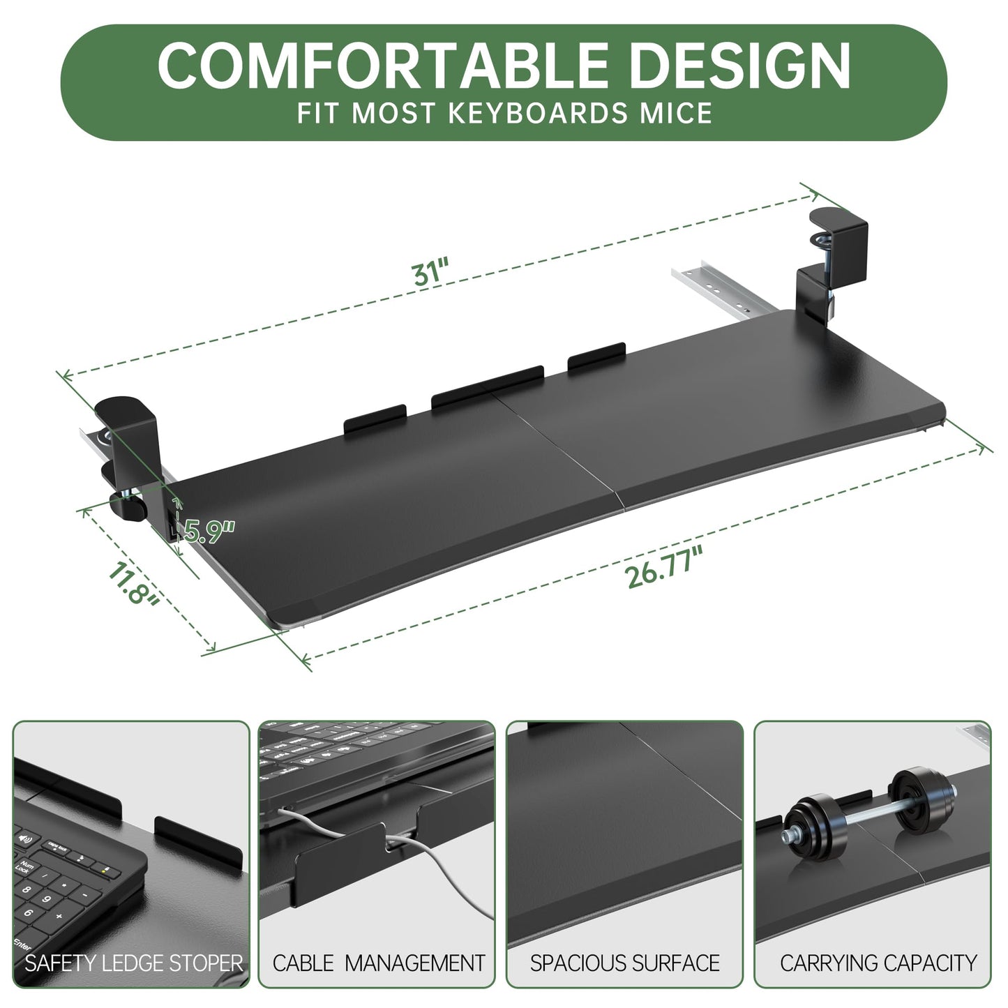 UPGRAVITY Large Keyboard Tray Under Desk - Slide Out with Sturdy C-Clip Mount System, 27 (31.2 Including Clamps) X 11.81 Put-Out Keyboard Tray Computer Drawer for Ergonomic Typing, Black