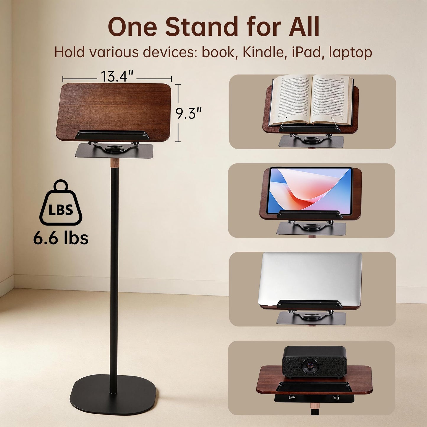 2-in-1 Floor & Desktop Book Stand, Dual-Use Height Adjustable 19"-62.2", Reading Stand Holder with 360° Rotating Base & Page Clips for Music Sheet, Laptop, Podium, Cookbook, Projector, 100% Solid Wood