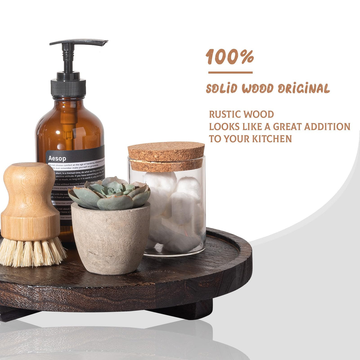 Round Decorative Tray Wood Bathroom Counter Organizer Farmhouse Kitchen Decor Wooden Riser for Soap Dish, Perfume, Candle, Sponge, 10" - Dark Brown