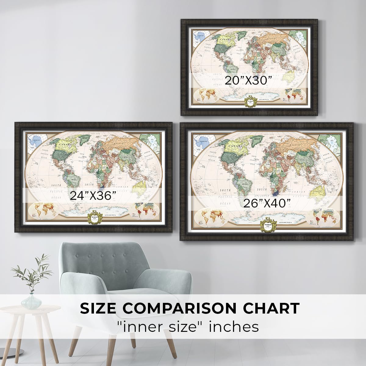 Renditions Gallery Colorful World Map Canvas Wall Art with Charcoal Black Frame Wall Hanging Travel Map with Push Pins for Home, Office, Classroom